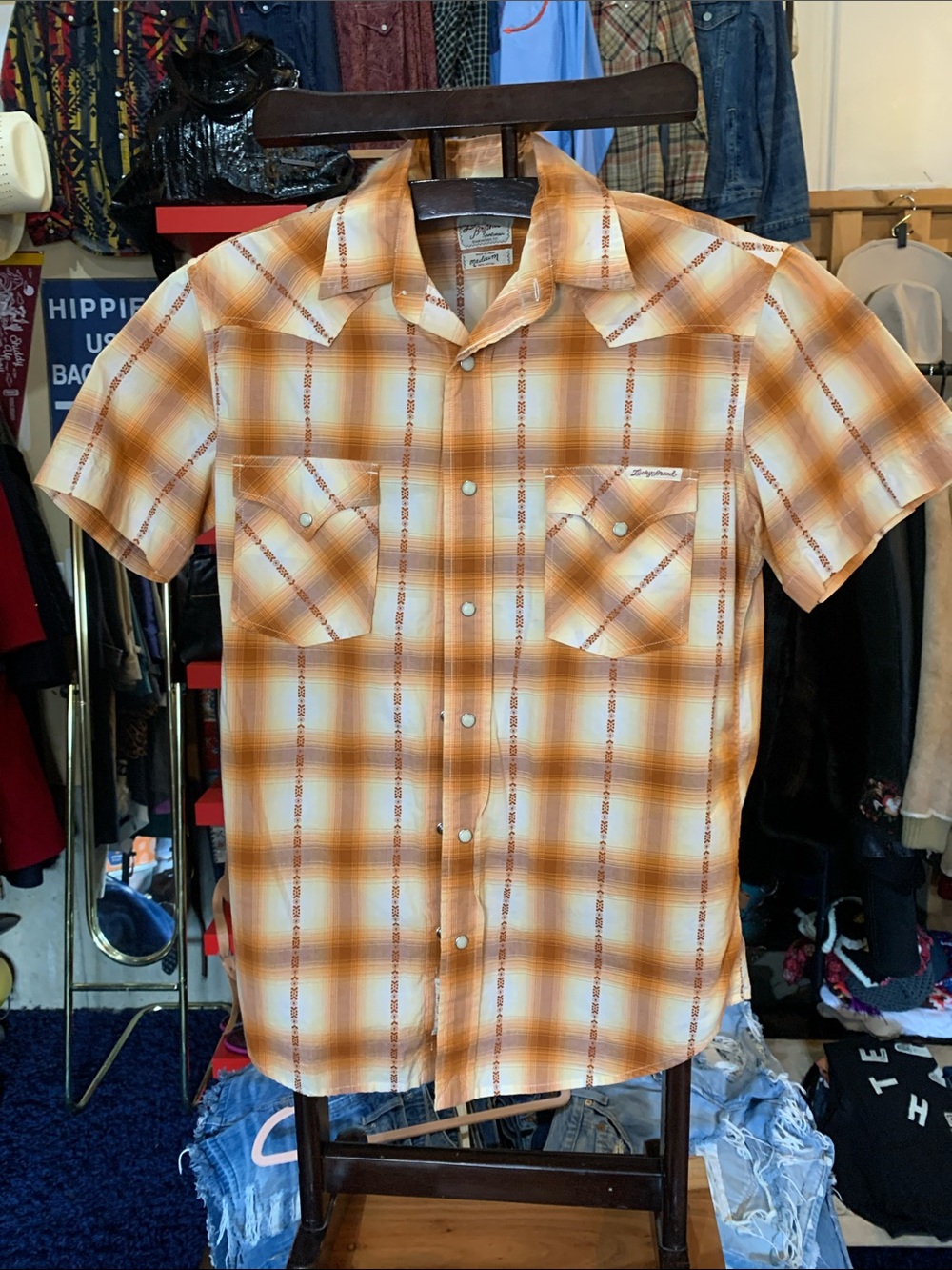 Wrangler Orange and Cream Plaid Short-Sleeve Button-Down Shirt